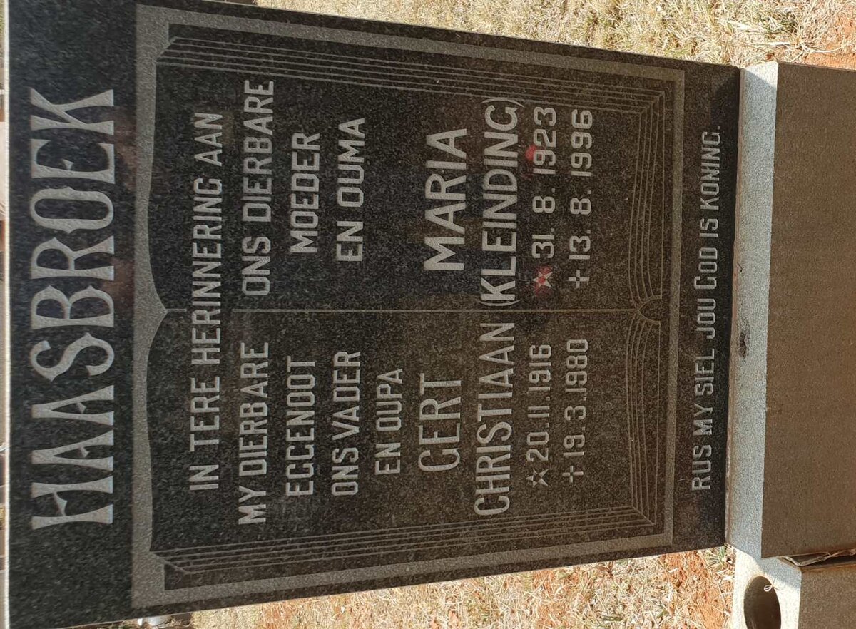 HAASBROEK Gert Christiaan 1916-1980 &amp; Maria KLEINDING 1923-1996