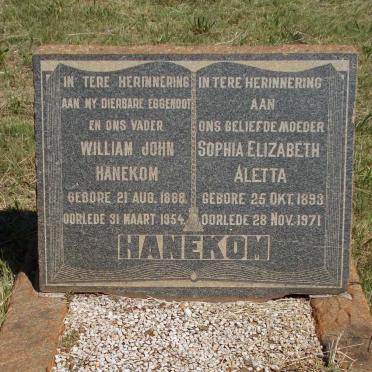 HANEKOM William John 1888-1954 &amp; Sophia Elizabeth Aletta 1893-1971