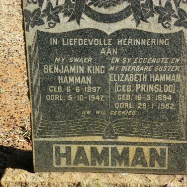 HAMMAN Benjamin King 1887-1947 &amp; Elizabeth PRINSLOO 1894-1952