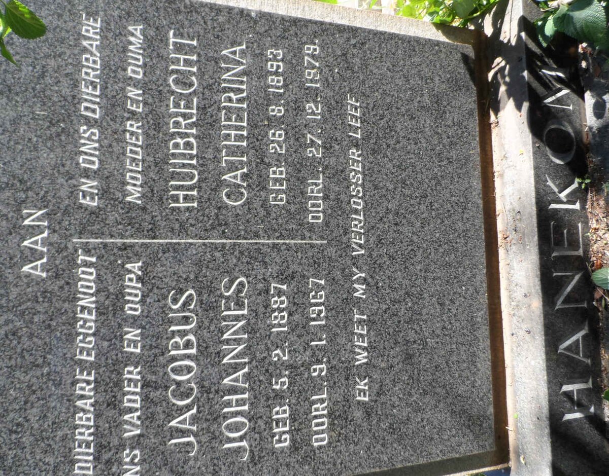 HANEKOM Jacobus Johannes 1887-1967 &amp; Huibrecht Catherina 1893-1979