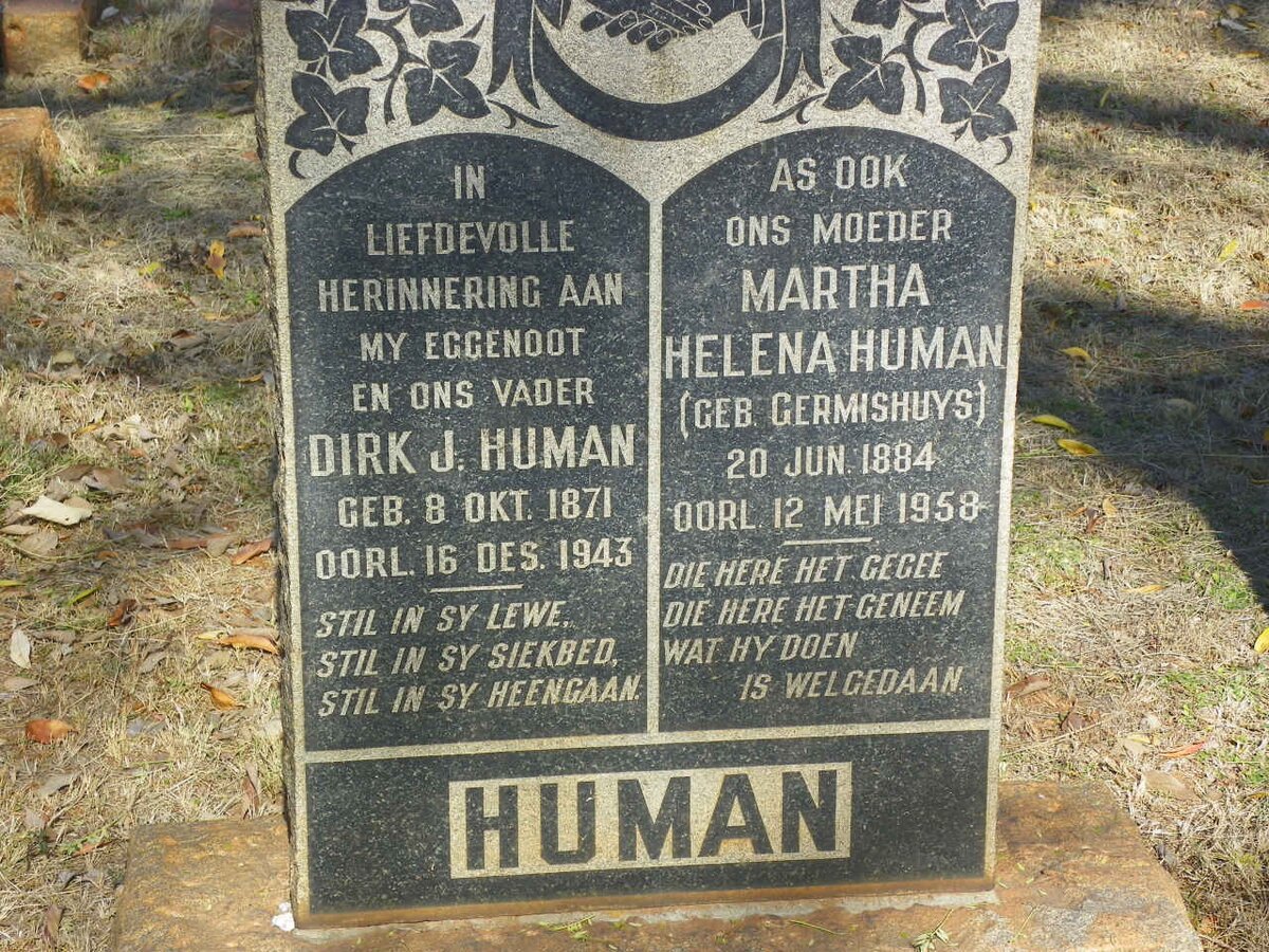 HUMAN Dirk J. 1871-1943 &amp; Martha Helena GERMISHUYS 1884-1958