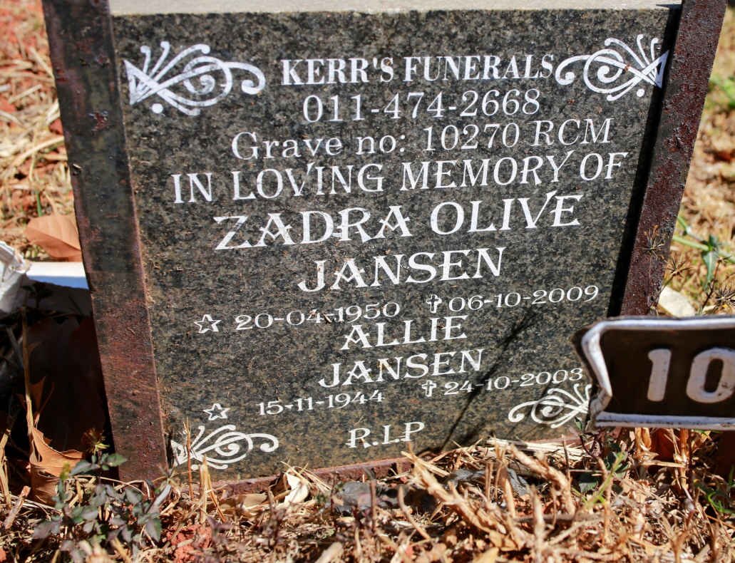 JANSEN Allie 1944-2003 &amp; Zadra Olive 1950-2009