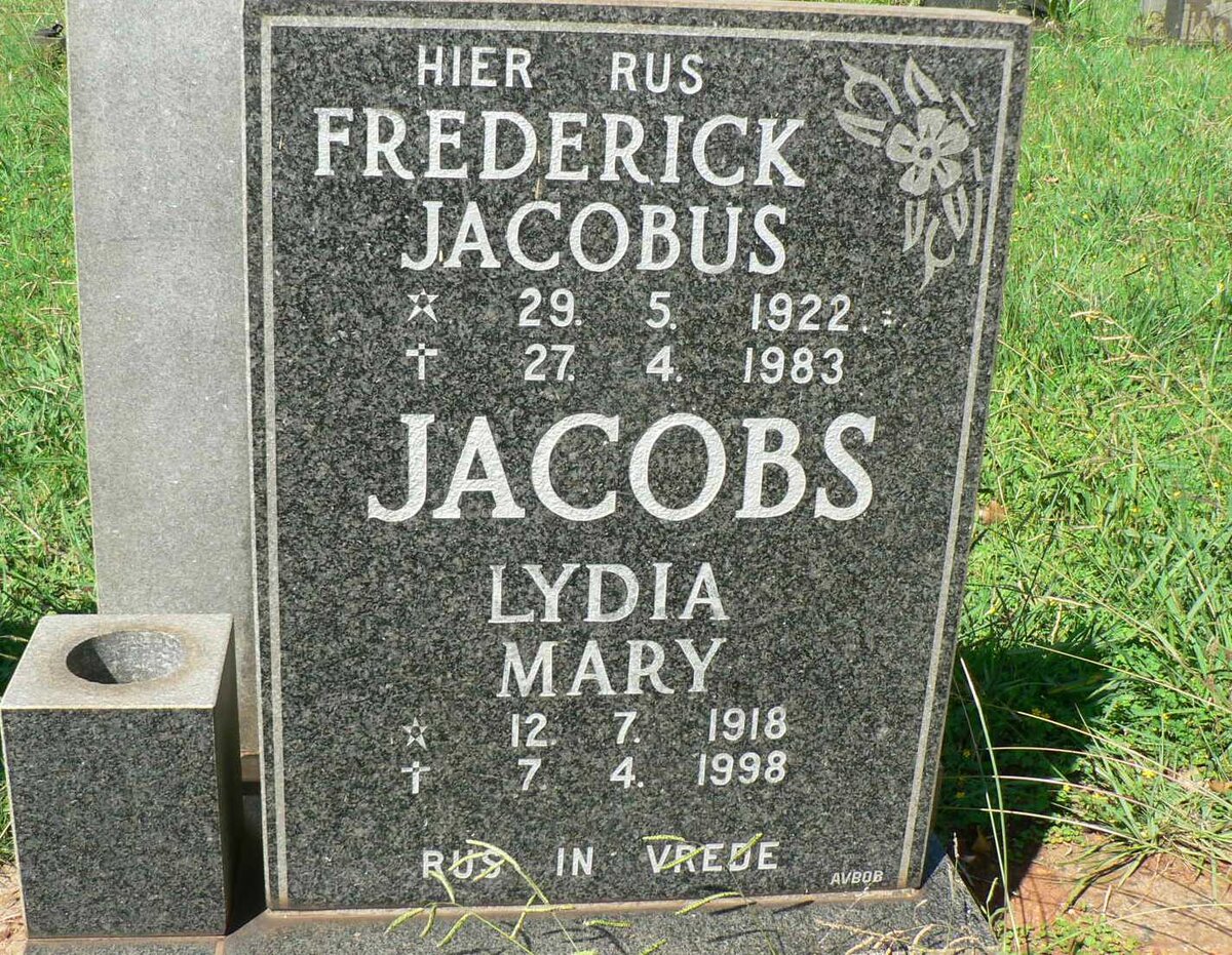 JACOBS Frederick Jacobus 1922-1983 &amp; Lydia Mary 1918-1998