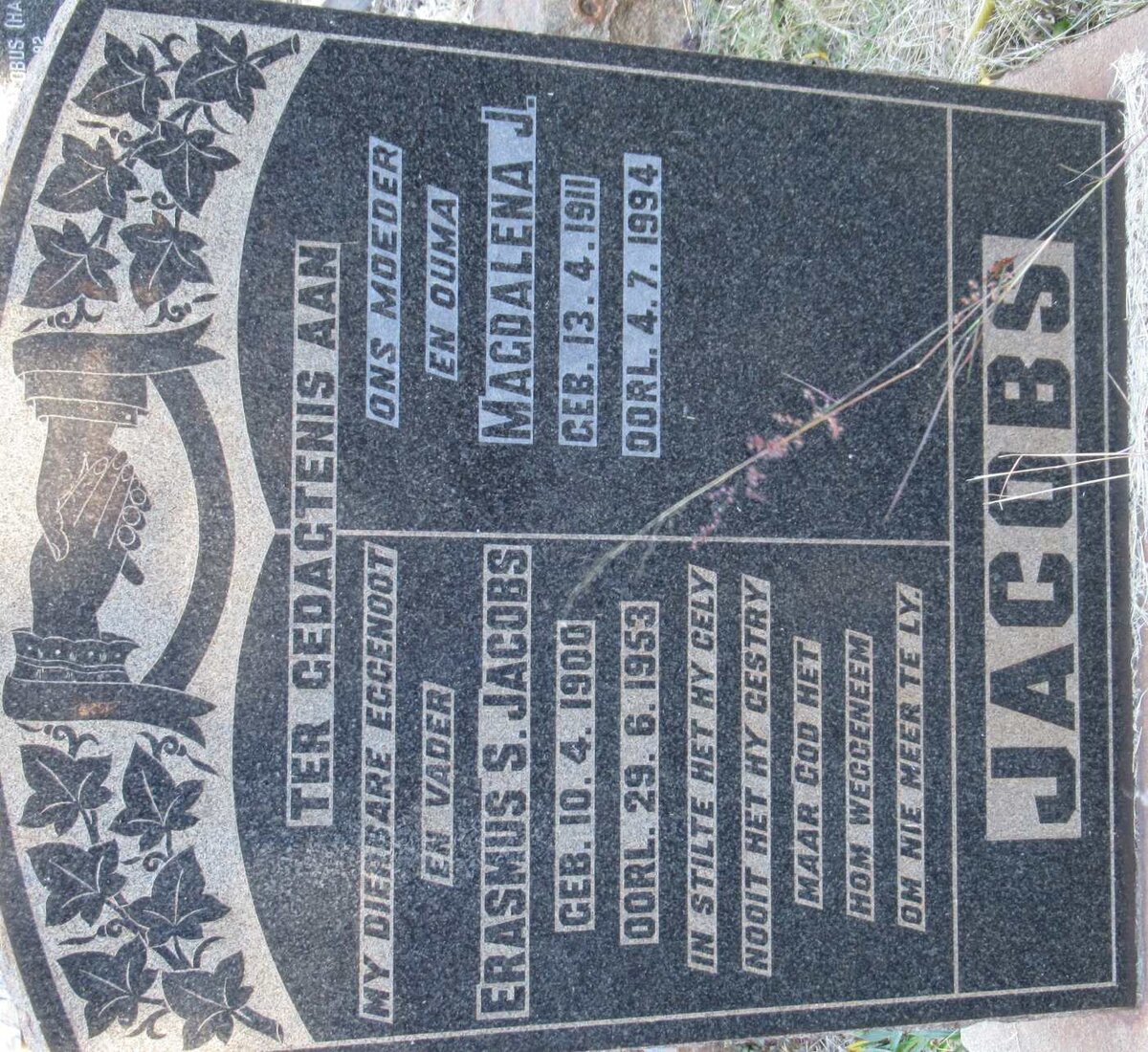 JACOBS Erasmus S. 1900-1953 &amp; Magdalena J. 1911-1994