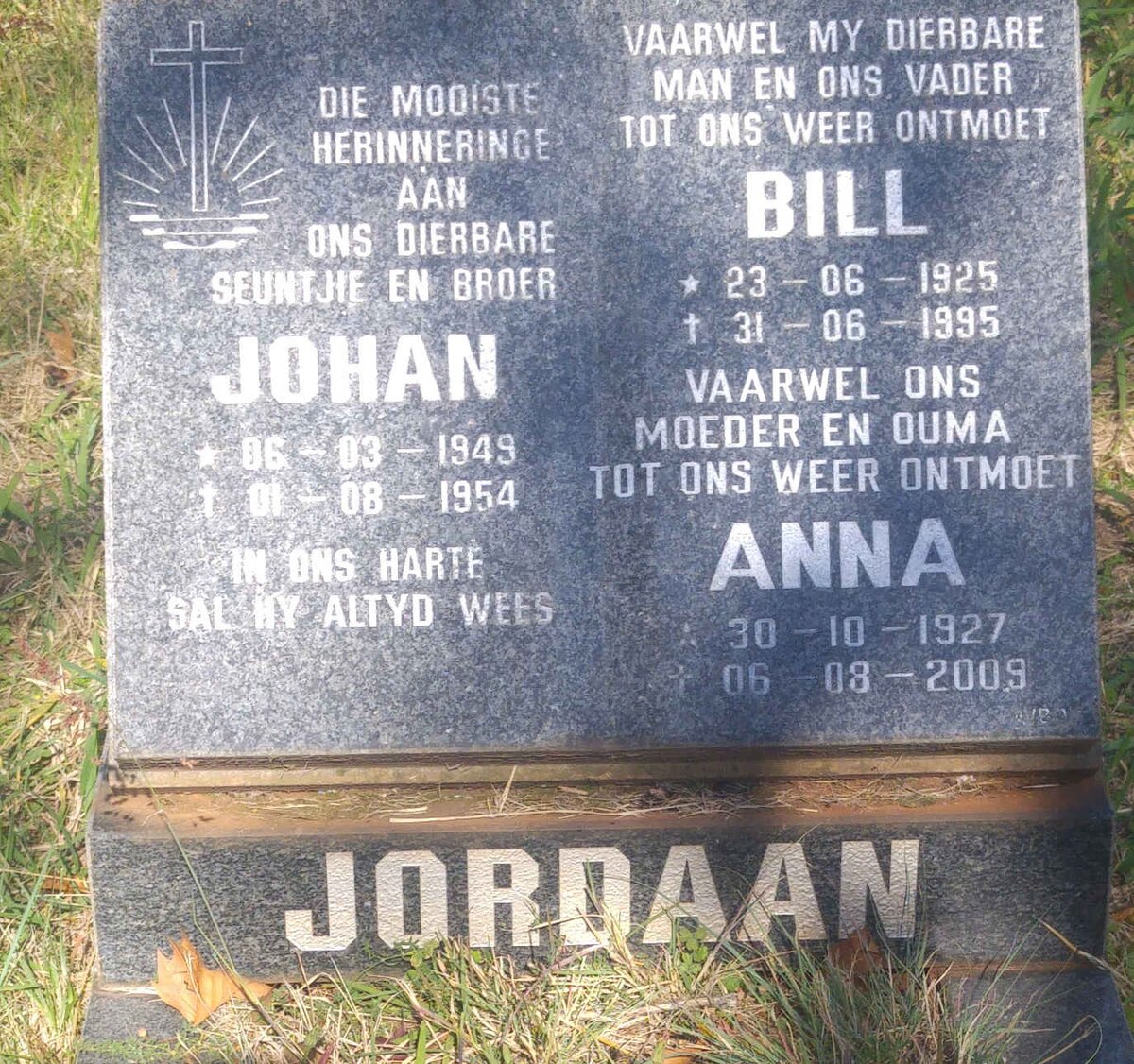 JORDAAN Bill 1925-1995 &amp; Anna 1927-2009 :: JORDAAN Johan 1949-1954