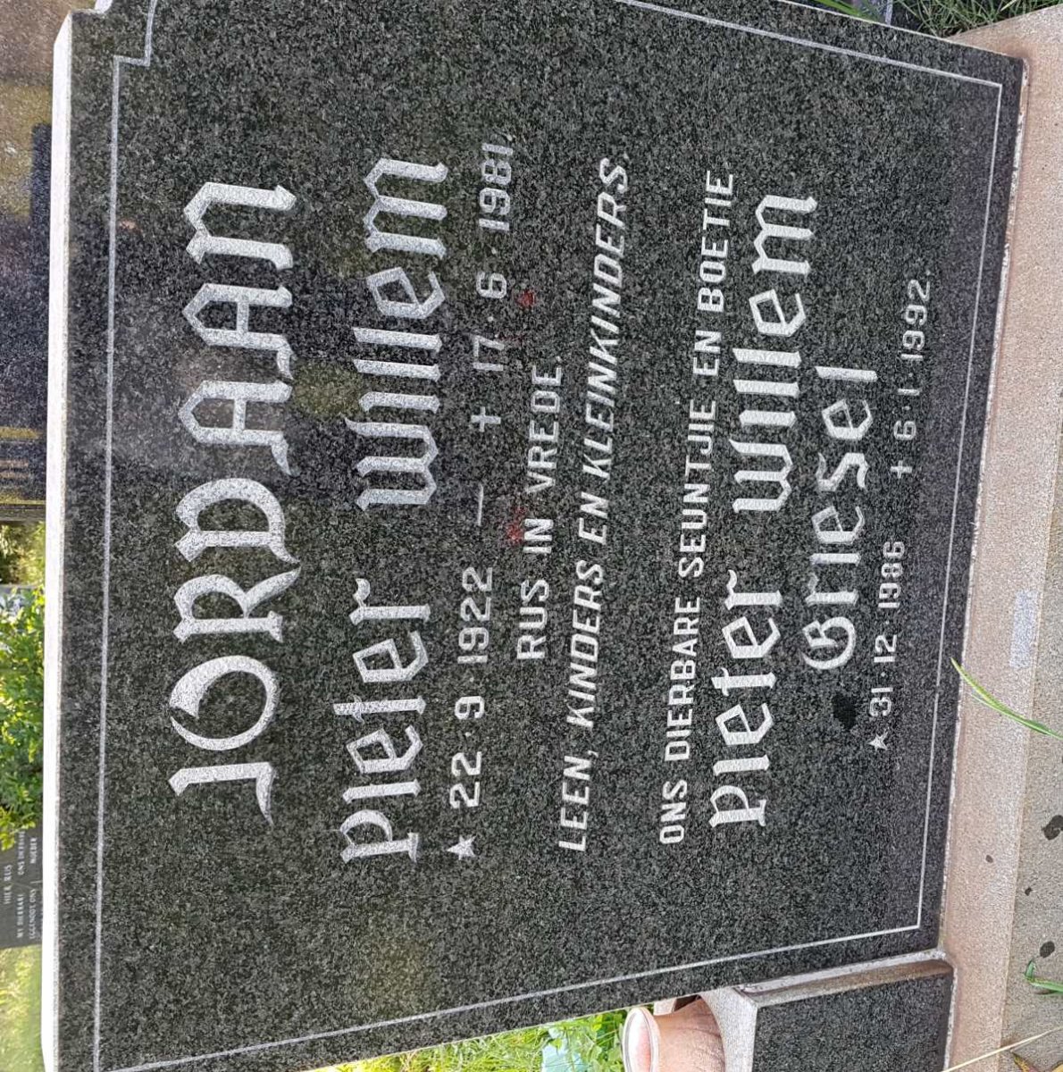 JORDAAN Pieter Willem 1922-1981 :: JORDAAN Pieter Willem Griesel 1986-1992