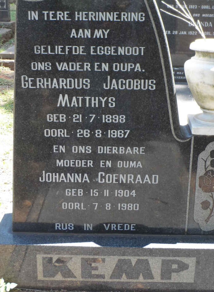 KEMP Gerhardus Jacobus Matthys 1898-1967 &amp; Johanna Coenraad 1904-1980
