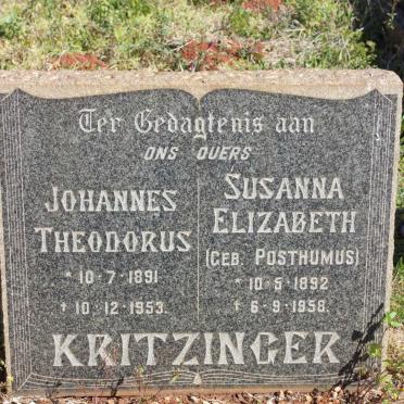 KRITZINGER Johannes Theodorus 1891-1953 &amp; Susanna Elizabeth POSTHUMUS 1892-1958