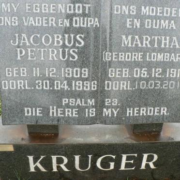 KRUGER Jacobus Petrus 1909-1996 &amp; Martha LOMBARD 1917-2013