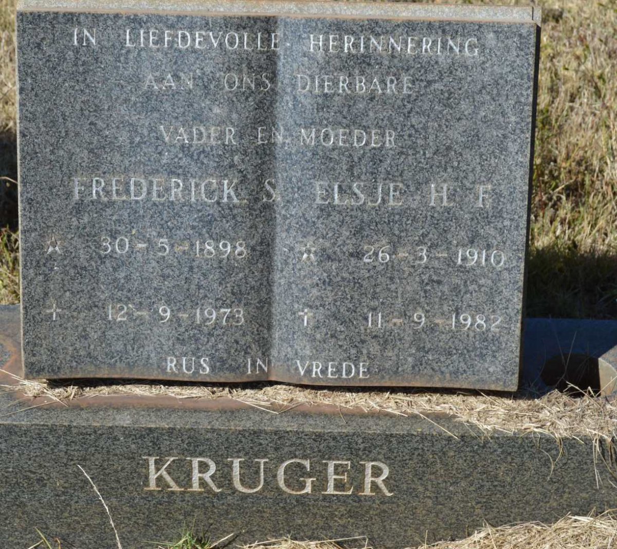 KRUGER Frederick S. 1898-1973 &amp; Elsje H.F. 1910-1982