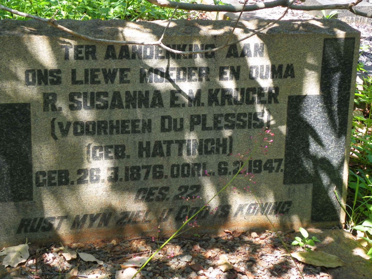 KRUGER R. Susanna E.M. voorheen DU PLESSIS nee HATTINGH 1876-1947