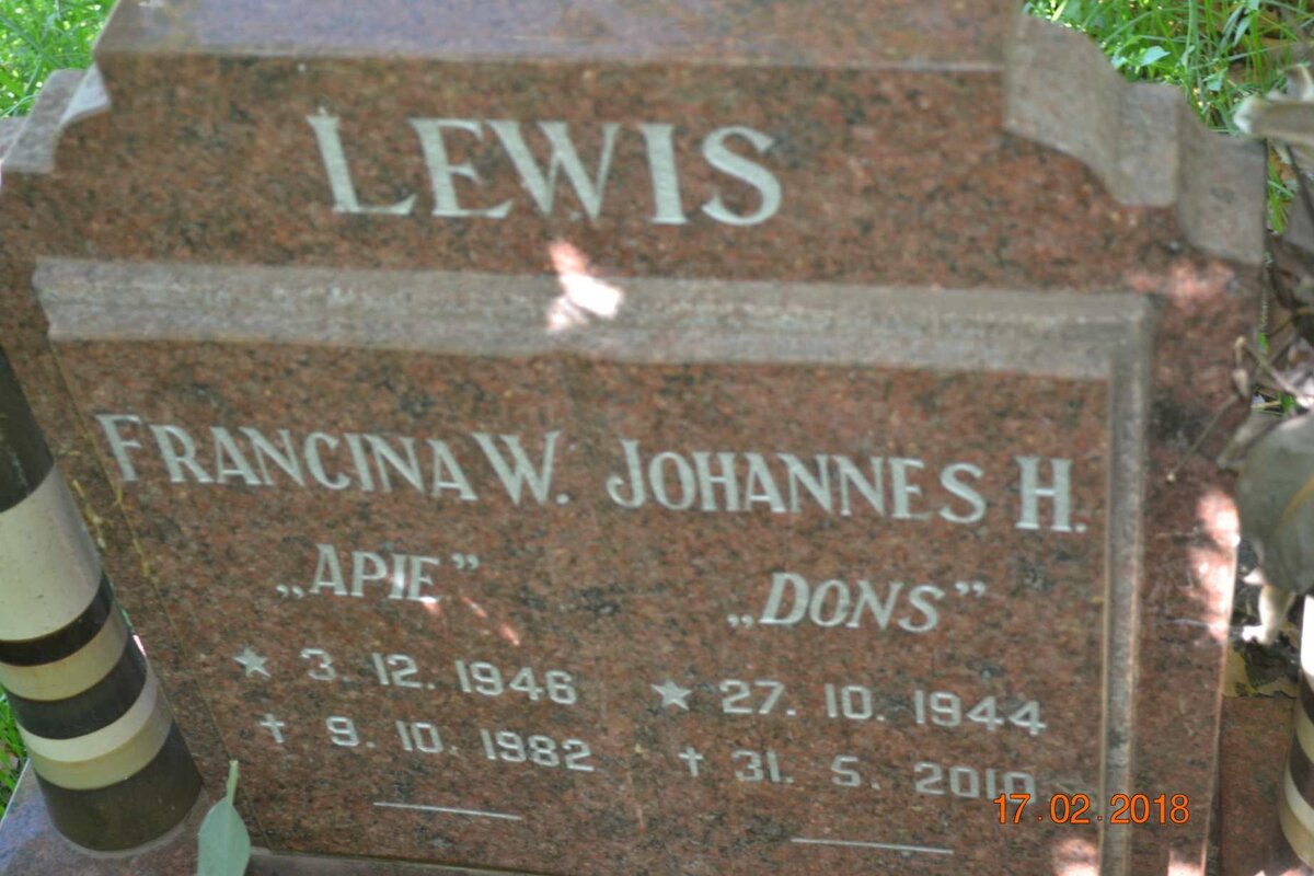 LEWIS Johannes H. 1944-2010 &amp; Francina W. 1946-1982