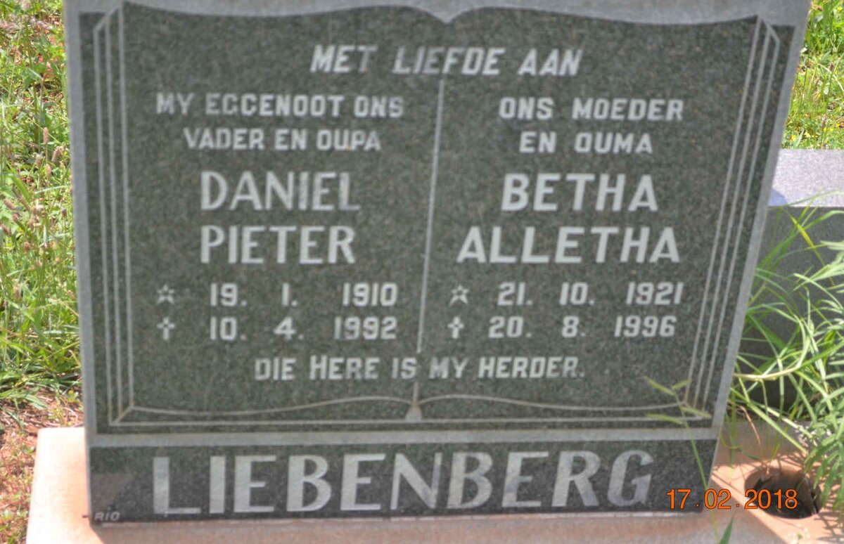 LIEBENBERG Daniel Pieter 1910-1992 &amp; Betha Alletha 1921-1996