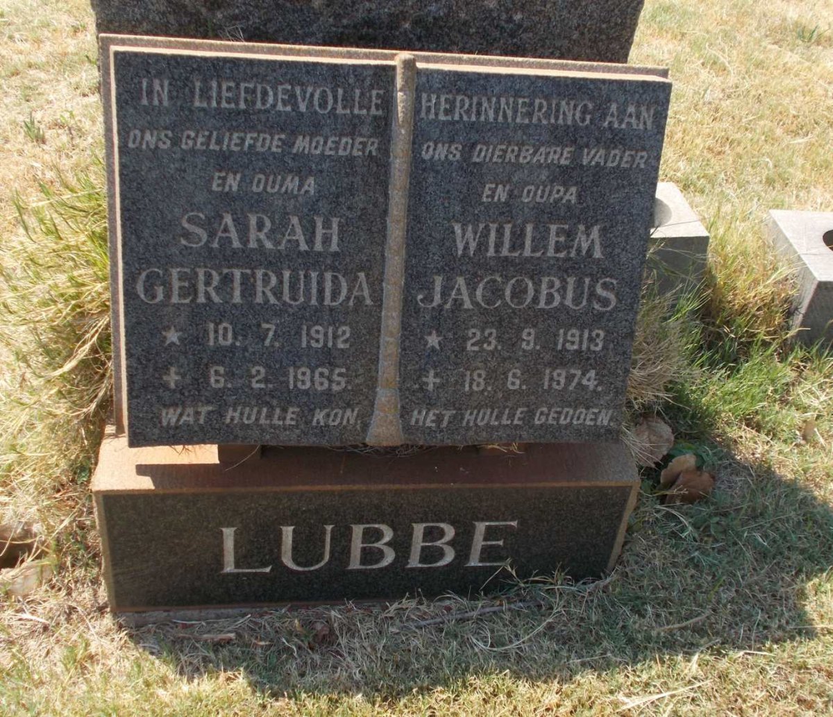 LUBBE Willem Jacobus 1913-1974 &amp; Sarah Gertruida 1912-1965