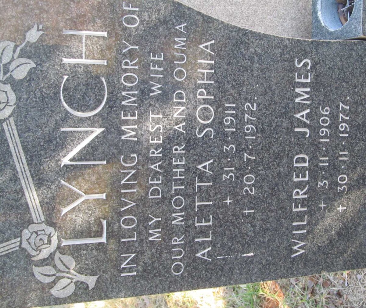 LYNCH Wilfred James 1906-1977 &amp; Aletta Sophia 1911-1972
