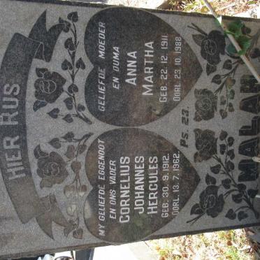 MALAN Cornelius Johannes Hercules 1912-1962 &amp; Anna Martha 1911-1988