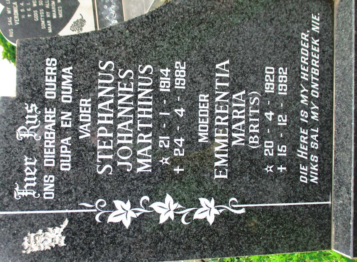 MARX Stephanus Johannes Marthinus 1914-1982 &amp; Emmerentia Maria BRITS 1920-1992 :: MARX Johanna Elizabeth 1950-2009