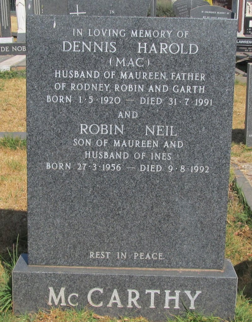 McCARTHY Dennis Harold 1920-1991 :: McCARTHY Robin Neil 1956-1992