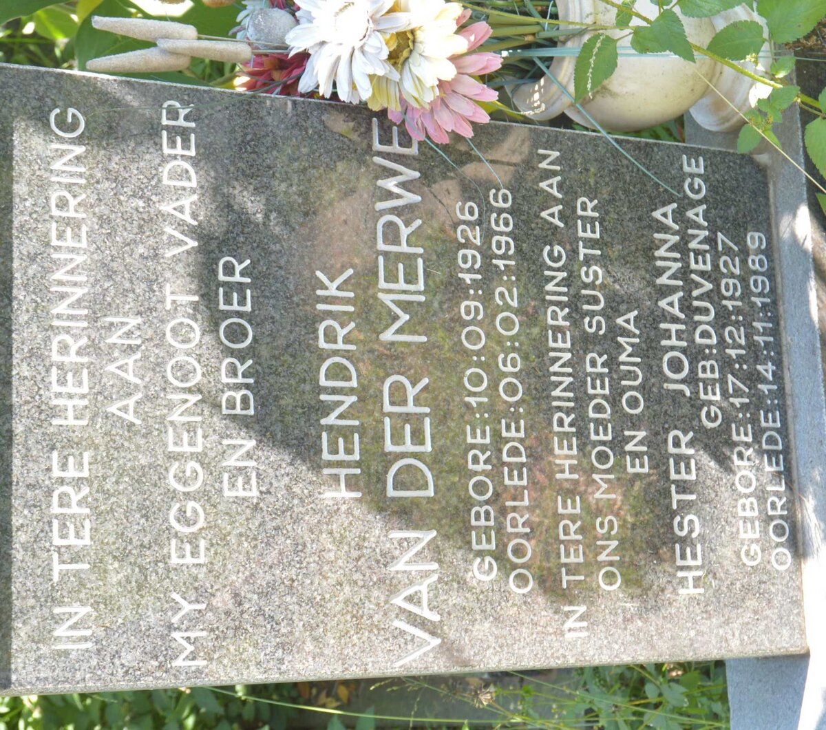 MERWE Hendrik, van der 1926-1966 &amp; Hester Johanna DUVENAGE 1927-1989