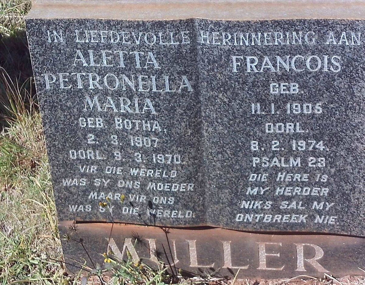 MULLER Francois 1905-1974 &amp; Aletta Petronella Maria BOTHA 1907-1970
