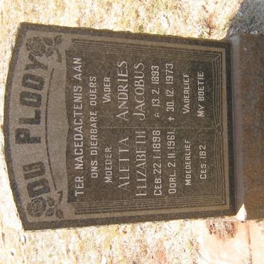 PLOOY Andries Jacobus, du 1893-1973 &amp; Aletta Elizabeth 1898-1961