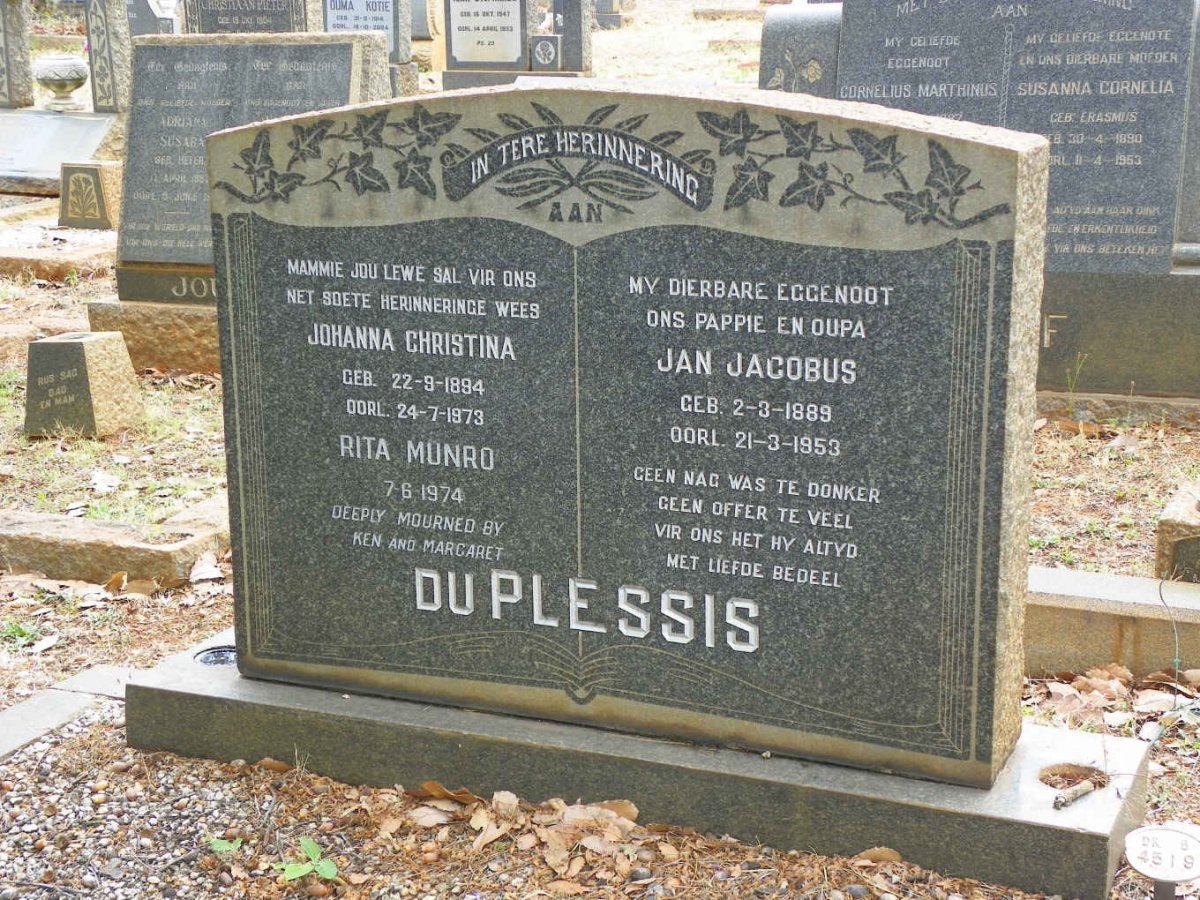 PLESSIS Jan Jacobus, du 1889-1953 &amp; Johanna Christina 1894-1973 :: MUNRO Rita -1974