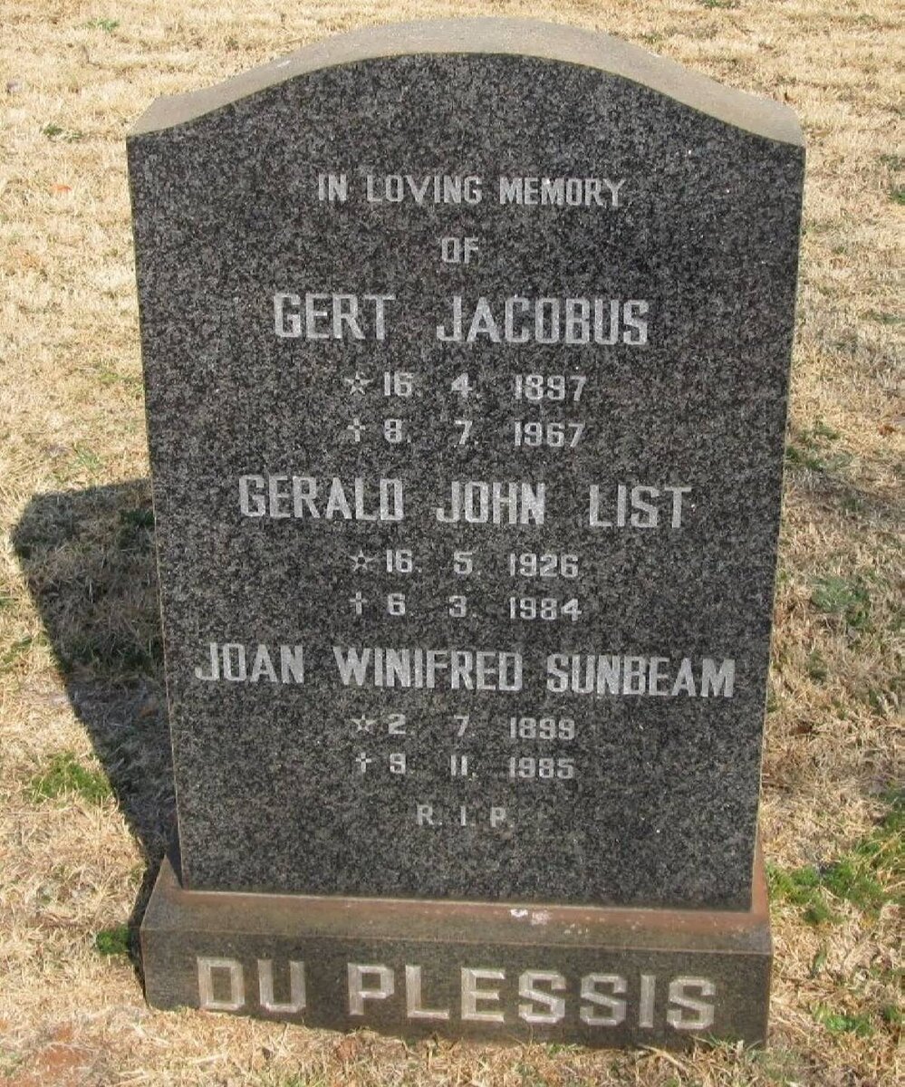 PLESSIS Gert Jacobus, du 1897-1967 &amp; Joan Winifred Sunbeam 1899-1985 :: DU PLESSIS Gerald John List 1926-1984