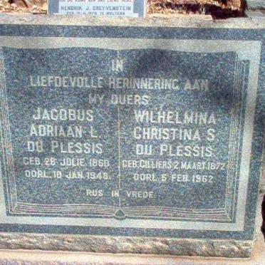 PLESSIS Jacobus Adriaan L., du 1860-1948 &amp; Wilhelmina Christina S. CILLIERS 1872-1962