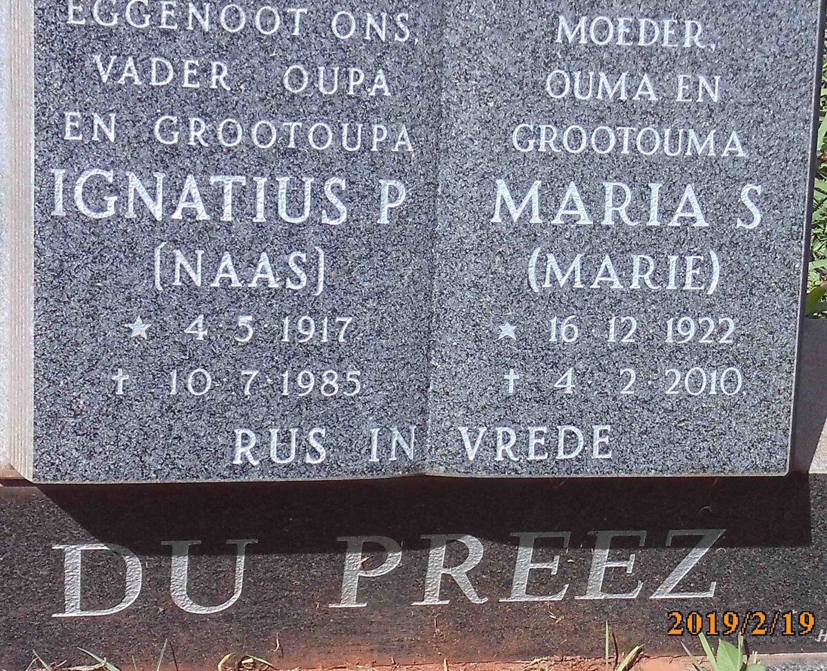 PREEZ Ignatius P., du 1917-1985 &amp; Maria S. 1922-2010