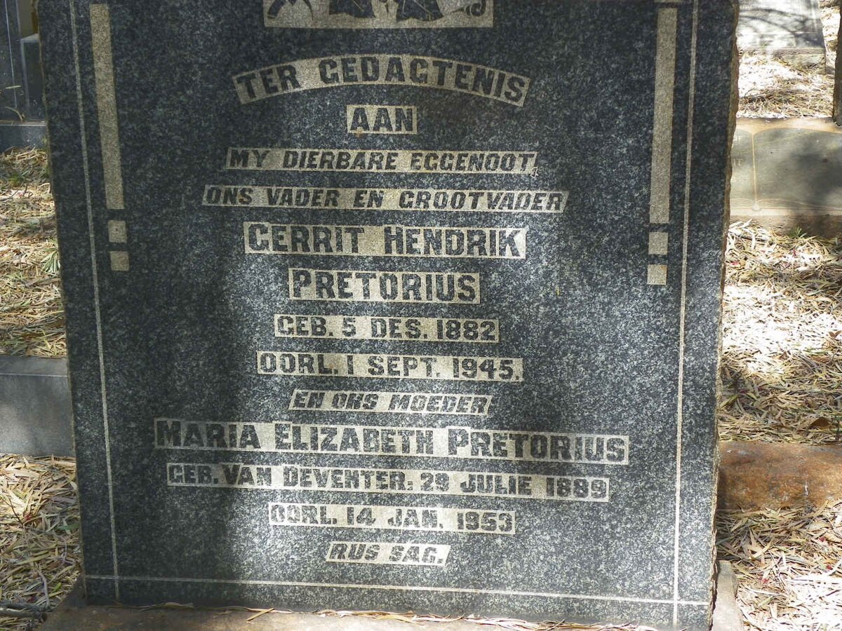 PRETORIUS Gerrit Hendrik 1882-1945 &amp; Maria Elizabeth VAN DEVENTER 1889-1953
