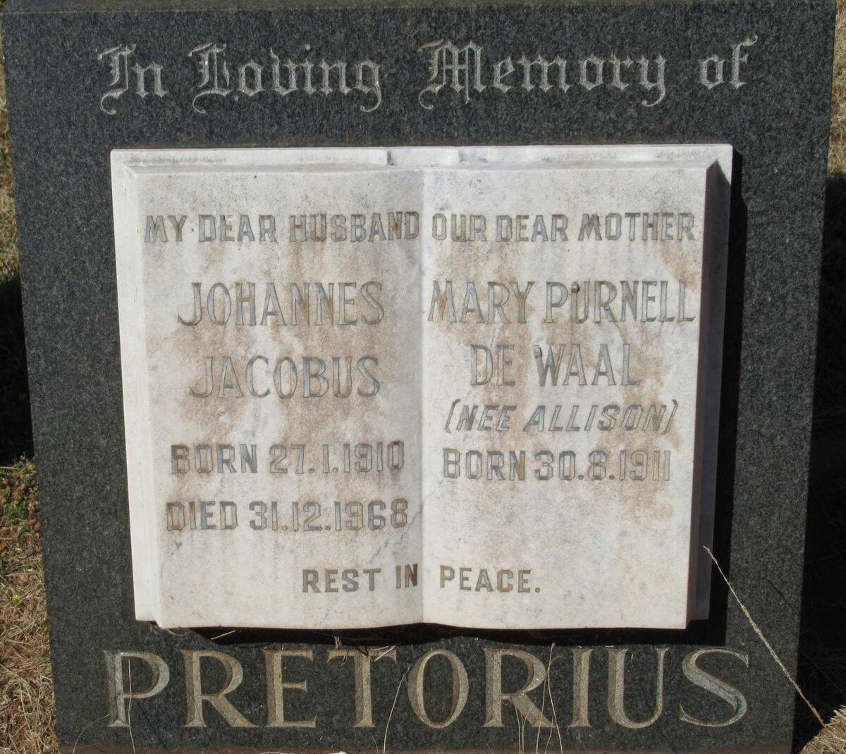 PRETORIUS Johannes Jacobus 1910-1968 &amp; Mary Purnell de Waal ALLISON 1911-