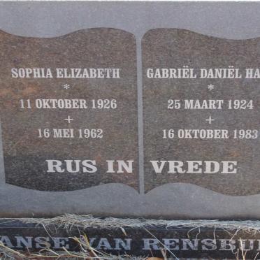 RENSBURG Gabriel Daniel Hans, Janse van  1924-1983 &amp; Sophia Elizabeth 1926-1962