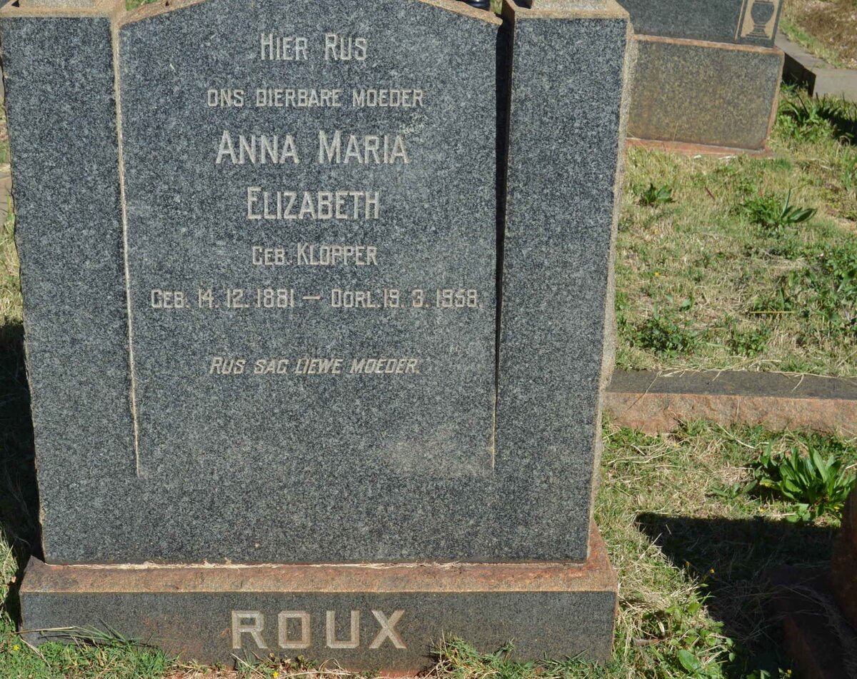 ROUX Anna Maria Elizabeth nee KLOPPER 1881-1958