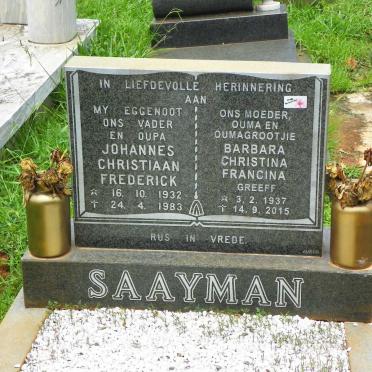 SAAYMAN Johannes Christiaan Frederick 1932-1983 &amp; Barbara Christina Francina GREEFF 1937-2015