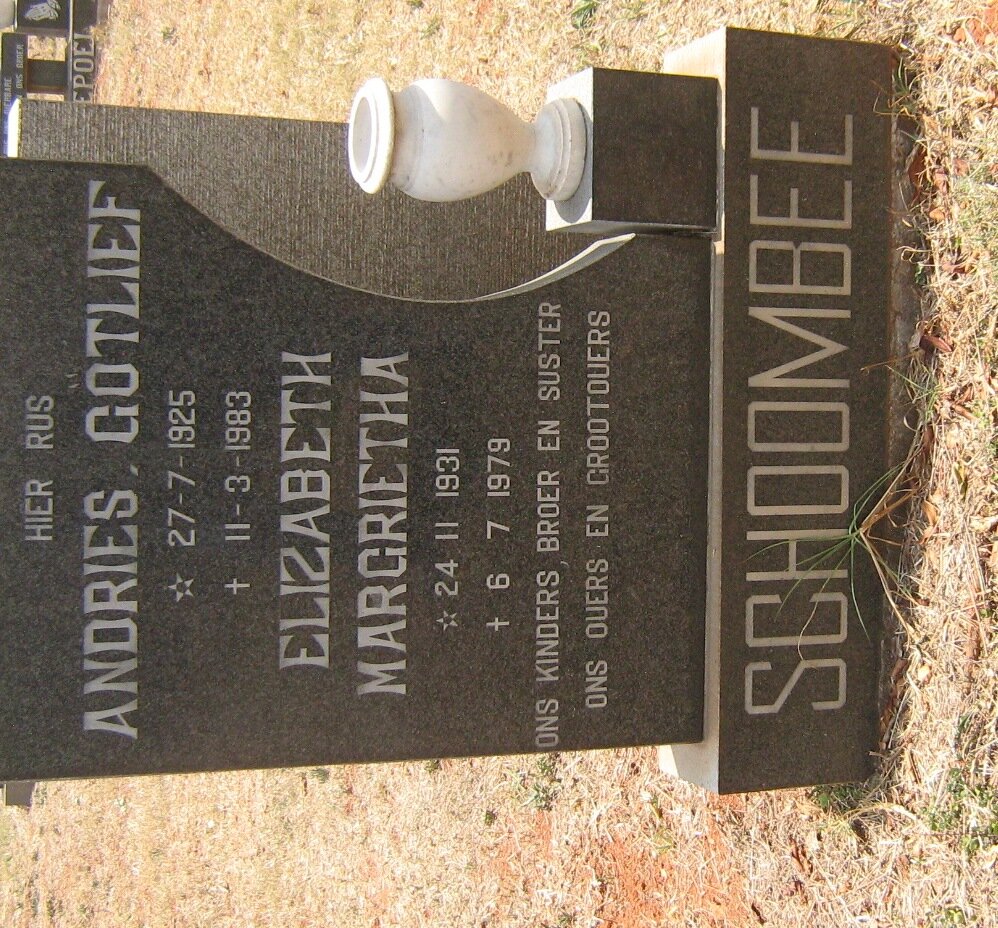 SCHOOMBEE Andries Gotlief 1925-1983 &amp; Elizabeth Margrietha 1931-1979