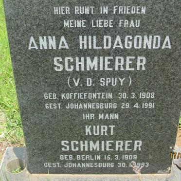 SCHMIERER Kurt 1909-1993 &amp; Anna Hildagonda VAN DER SPUY 1908-1991