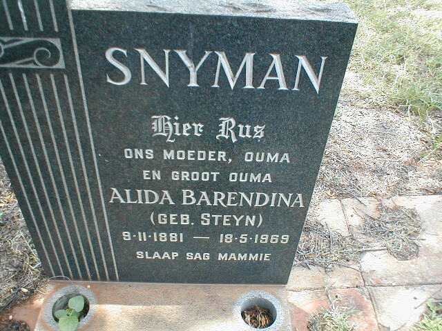 SNYMAN Alida Barendina nee STEYN 1881-1969