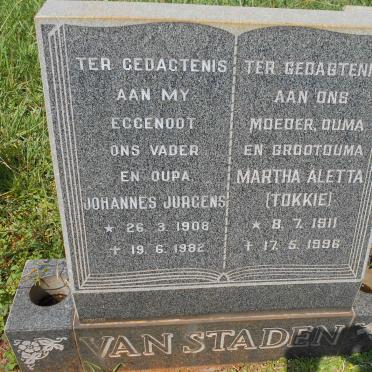 STADEN Johannes Jurgens, van 1908-1982 &amp; Martha Aletta 1911-1996