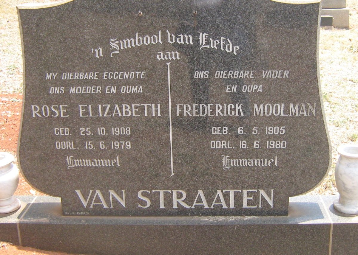 STRAATEN Frederick Moolman, van 1905-1980 &amp; Rose Elizabeth 1908-1979