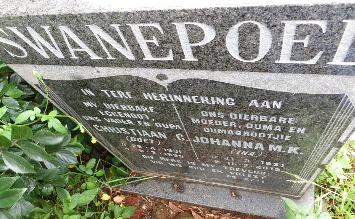 SWANEPOEL Christiaan C. 1931-1995 &amp; Johanna M.K. 1931-2013