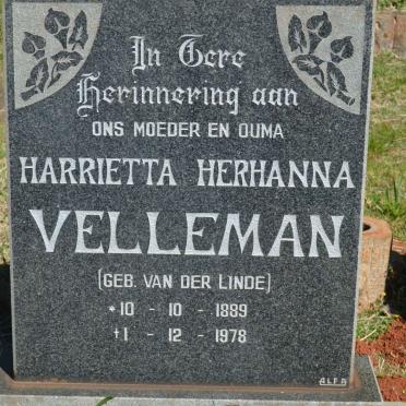 VELLEMAN Harrietta Herhanna nee VAN DER LINDE 1889-1978