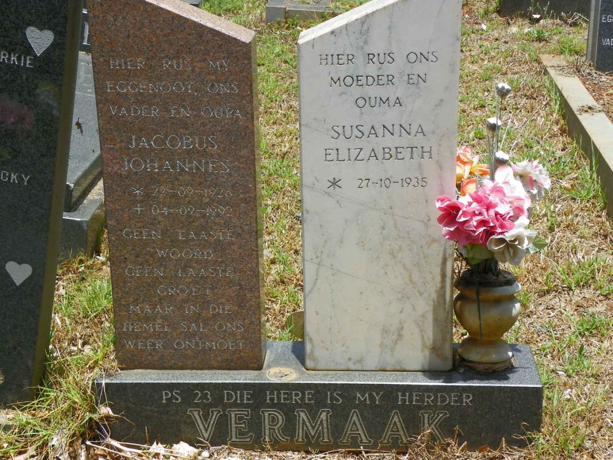 VERMAAK Jacobus Johannes 1926-1992 &amp; Susanna Elizabeth 1935-