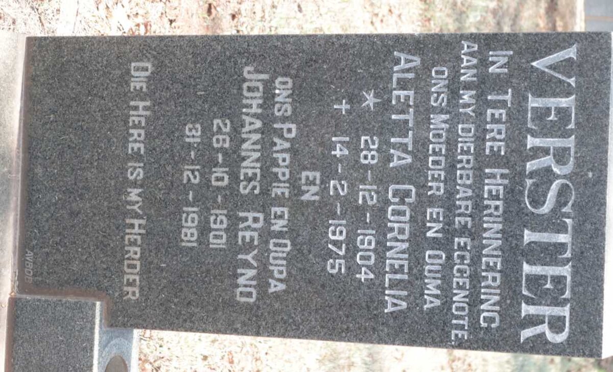VERSTER Johannes Reyno 1901-1981 &amp; Aletta Cornelia 1904-1975