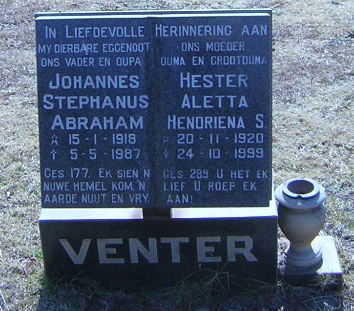 VENTER Johannes Stephanus Abraham 1918-1987 &amp; Hester Aletta Hendriena S. 1920-1999