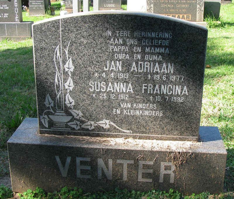 VENTER Jan Adriaan 1913-1977 &amp; Susanna Francina 1912-1992