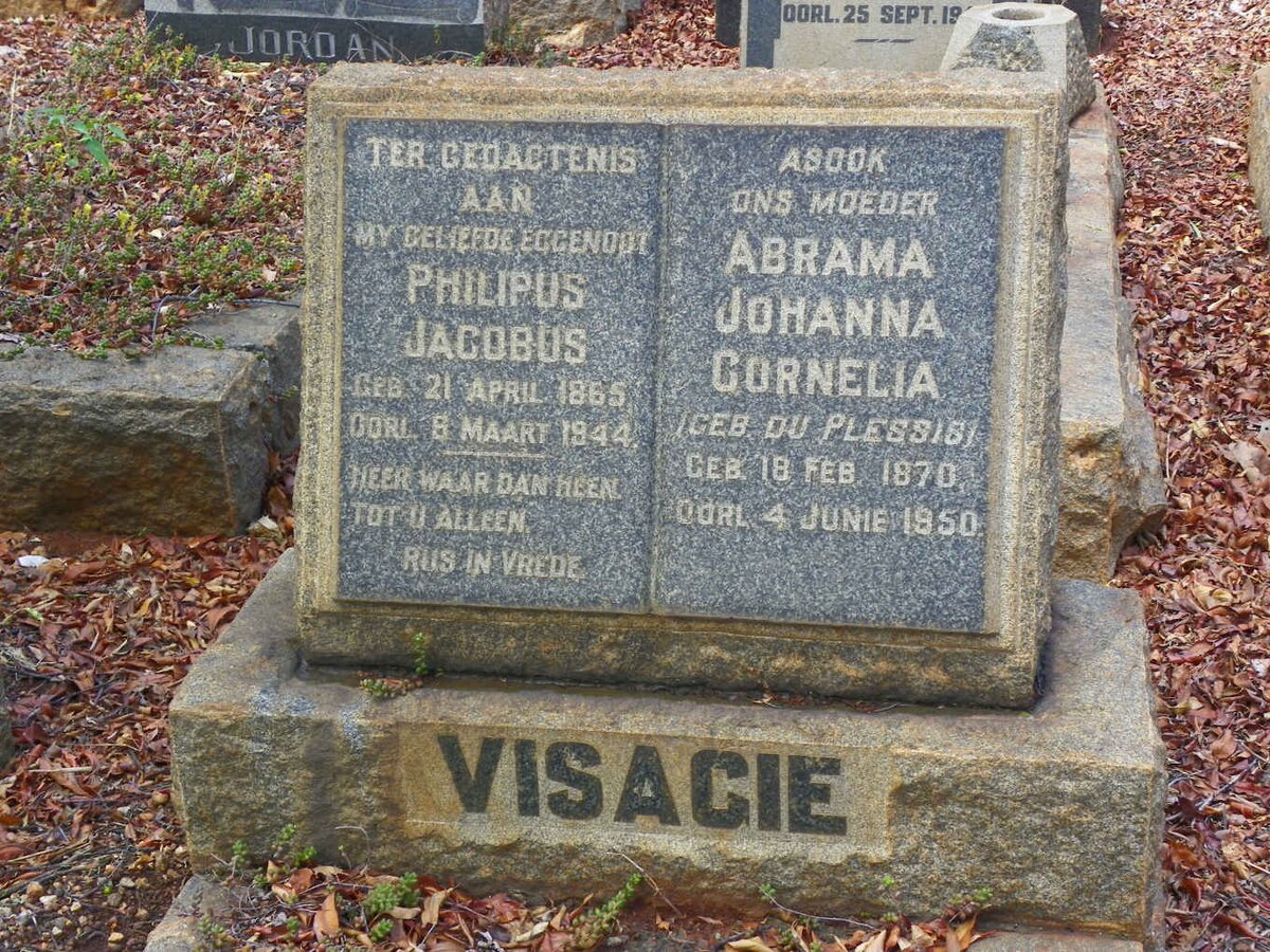 VISAGIE Philipus Jacobus 1865-1944 &amp; Abrama Johanna Cornelia DU PLESSIS 1870-1950