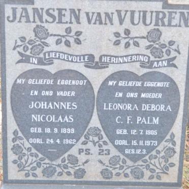 VUUREN Johannes Nicolaas, Jansen van 1899-1962 &amp; Leonora Debora C.F. PALM 1905-1973