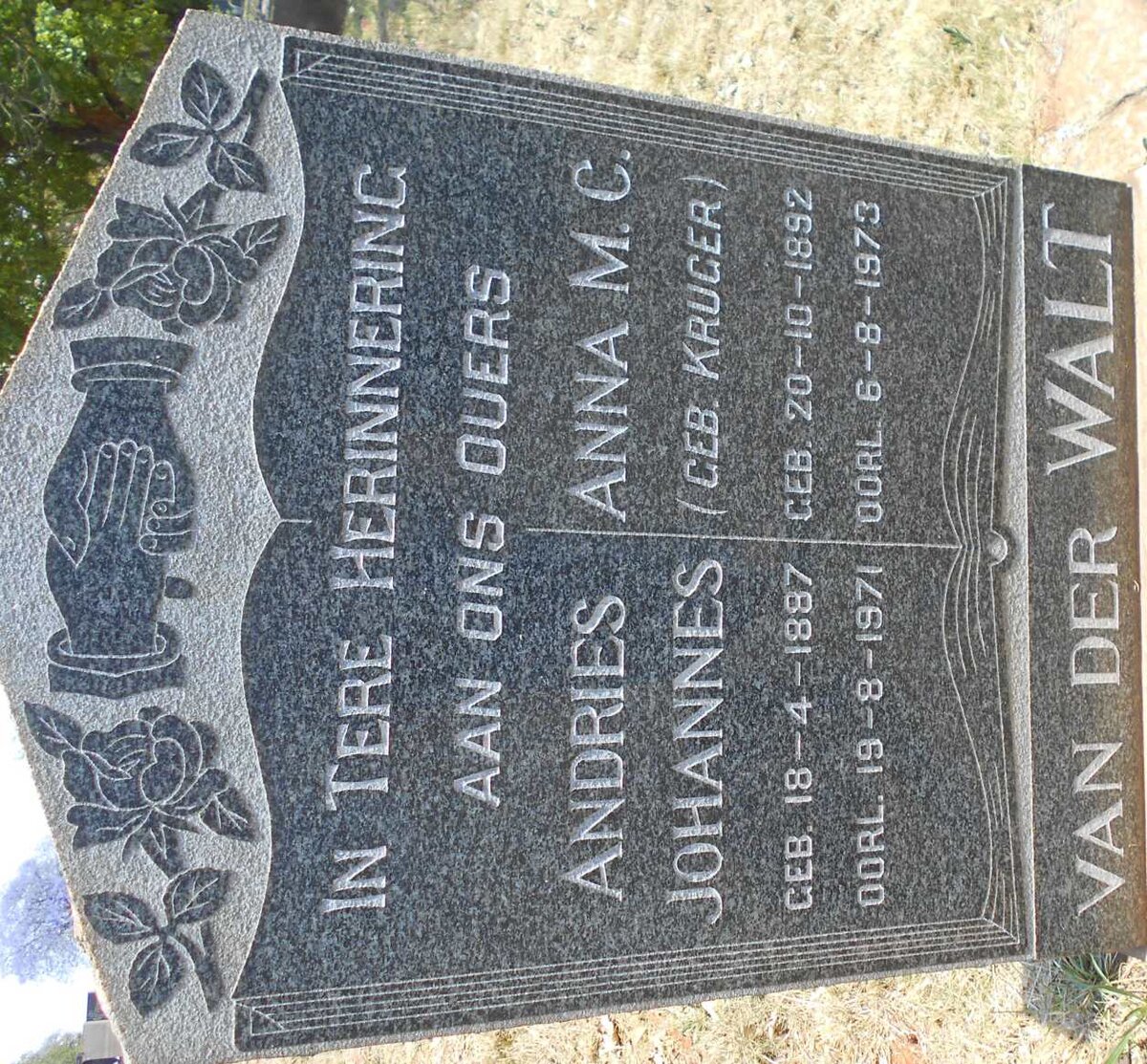 WALT Andries Johannes, van der 1887-1971 &amp; Anna M.C. KRUGER 1892-1973