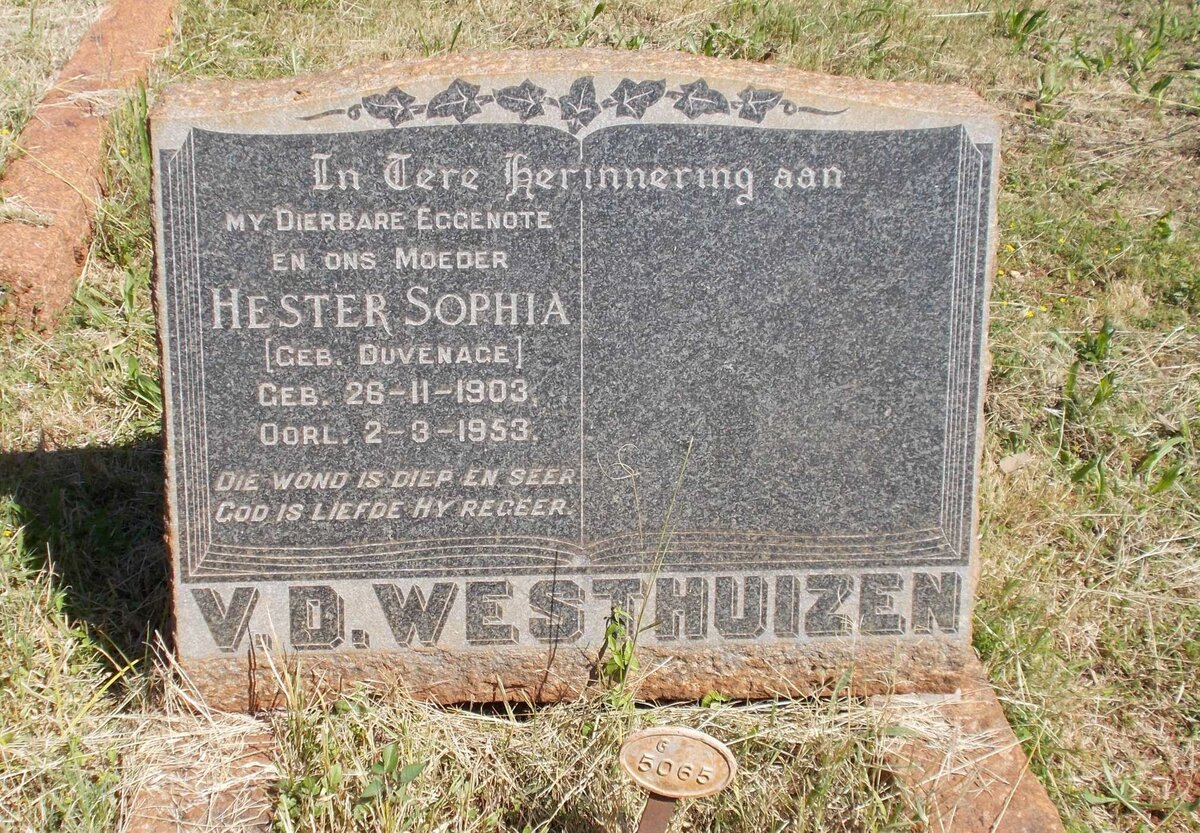 WESTHUIZEN Hester Sophia, v.d. nee DUVENAGE 1903-1953
