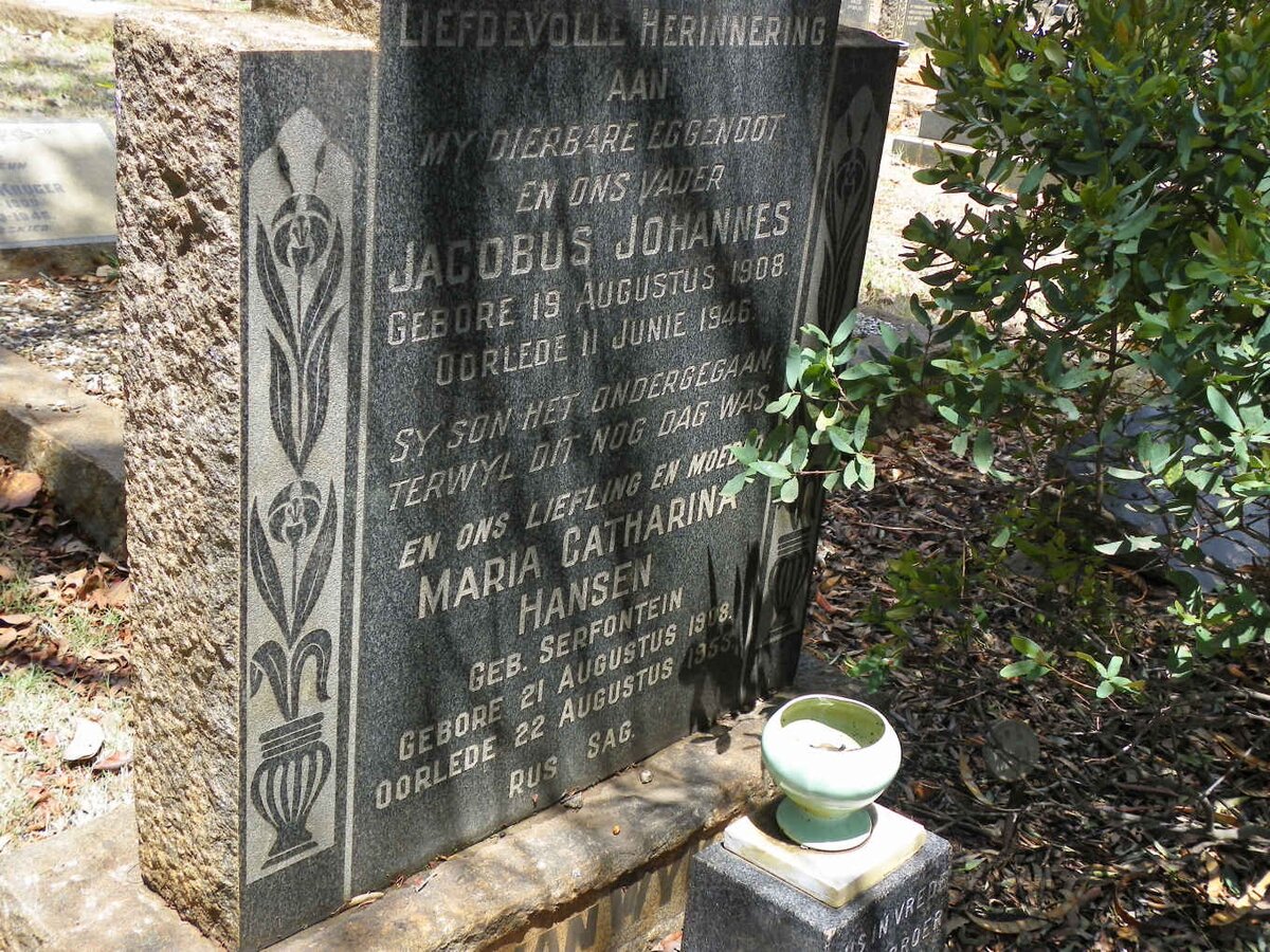 WYK Jacobus Johannes, van 1908-1946 &amp; Maria Catharina HANSEN nee SERFONTEIN 1908-1953 :: VAN WYK Gerrit 1937-1989